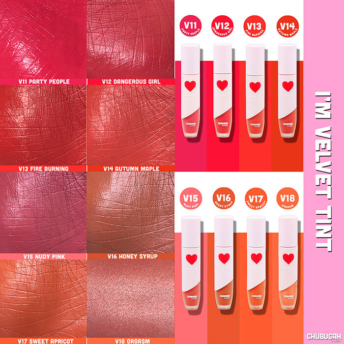  Chubugah , I'm velvet Tint (V12) , ลิปเนื้อกำมะหยี่ข้น ,  เม็ดสีแน่น , กลบสีปากเดิมสนิท , บางเบา , ชุ่มชื่น