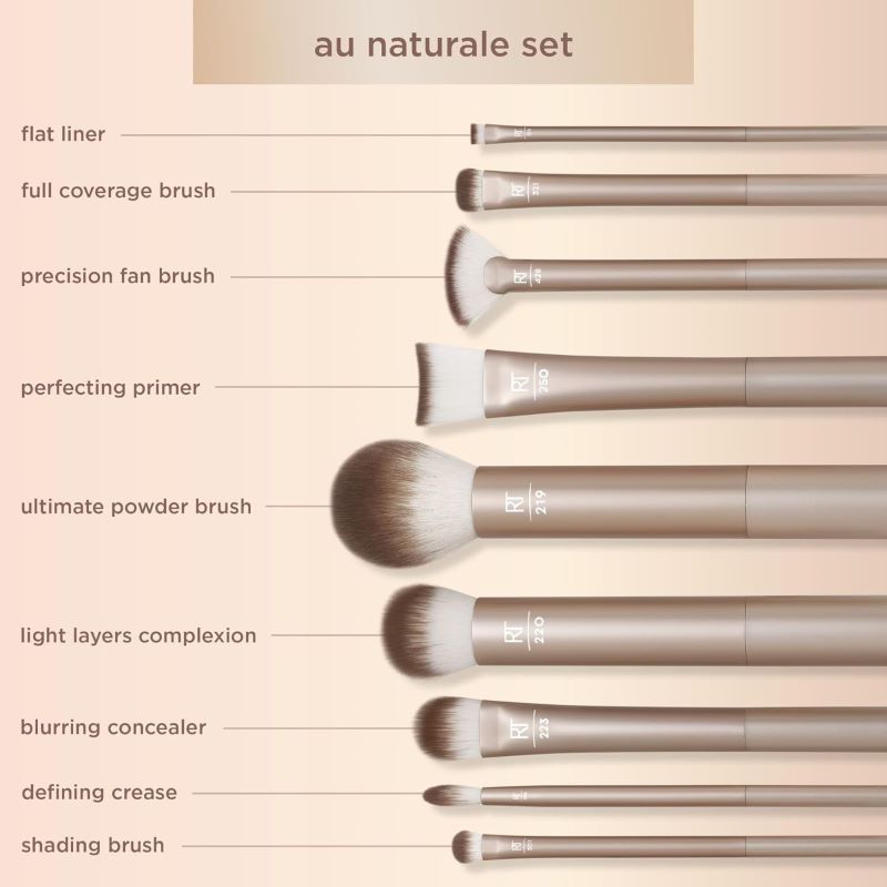 Real Techniques 9 Piece Au Naturale Makeup Brush Set, Real Techniques, แปรงแต่งหน้า Real Techniques ,REAL TECHNIQUES Au Naturale Makeup Brush Kit, For Foundation, Powders, and Concealers, Premium Quality Face Brushes, 9 Piece Set, 